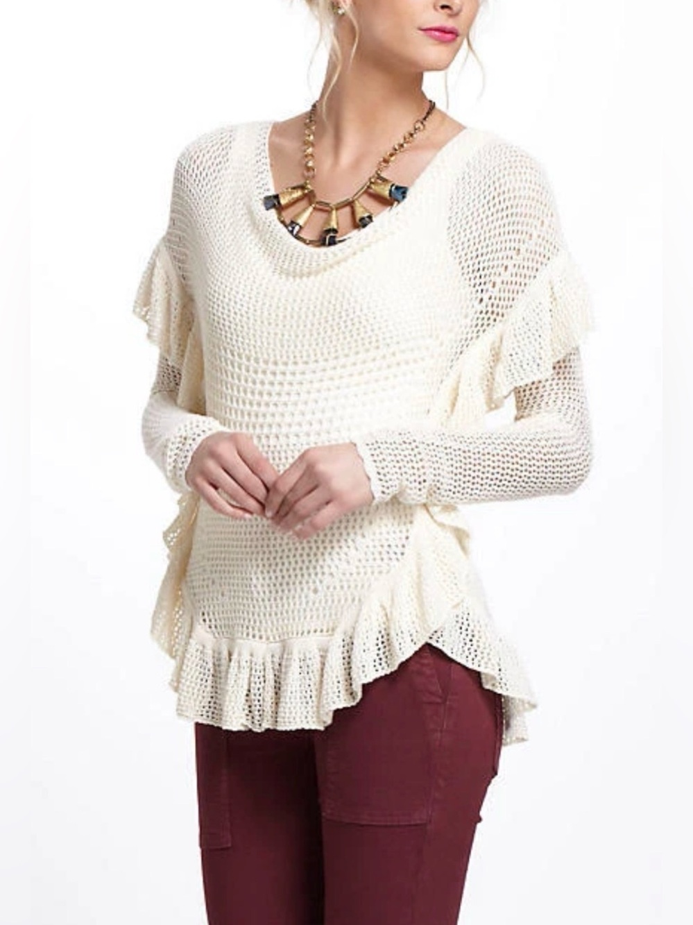 Anthropologie Angel of the North Cream Crochet Ruffle Top Size Large